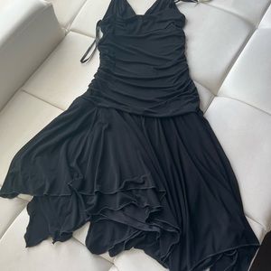 Black shirred asymmetrical hem dress perfect for dancing.